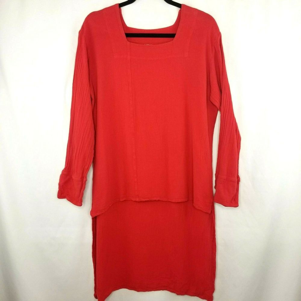 Gauzey Women's Medium Red Asymmetrical High Low Lagenlook Gauze 100% Cotton